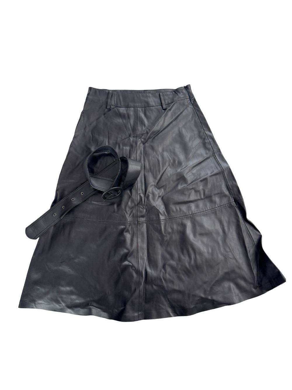 Faux Leather A-Line Skirt With Belt NWT Minimalist